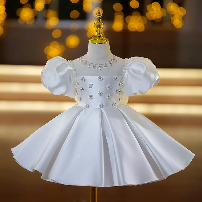 Baby Girl Christening Dress Toddler Flower Beaded Princess Dress Girls Puff Sleeve Puffy Party Dress