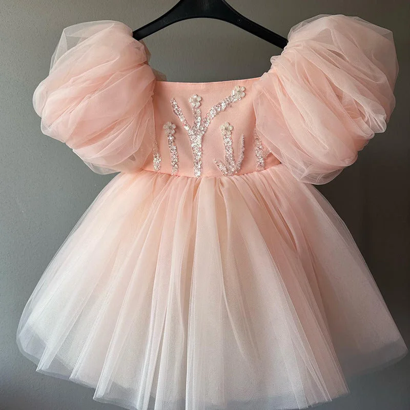 Elegant Baby Puff Sleeve Sequined Dress Toddler Ball Gown