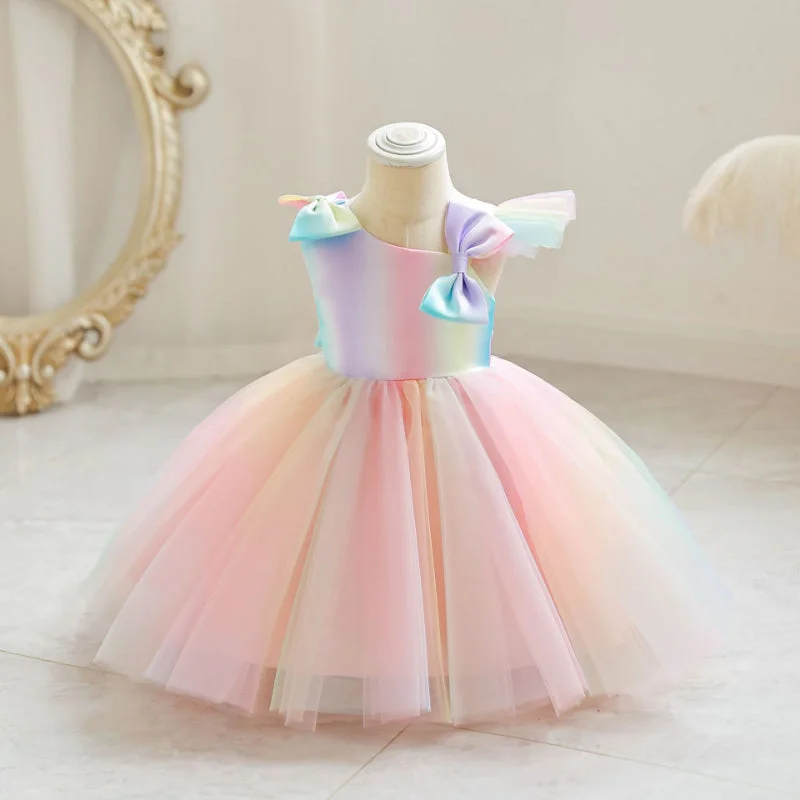 Elegant Baby Bow Flower Girl Dress Sleeveless Tulle Puffy Princess Dress Toddler First Communion Dress