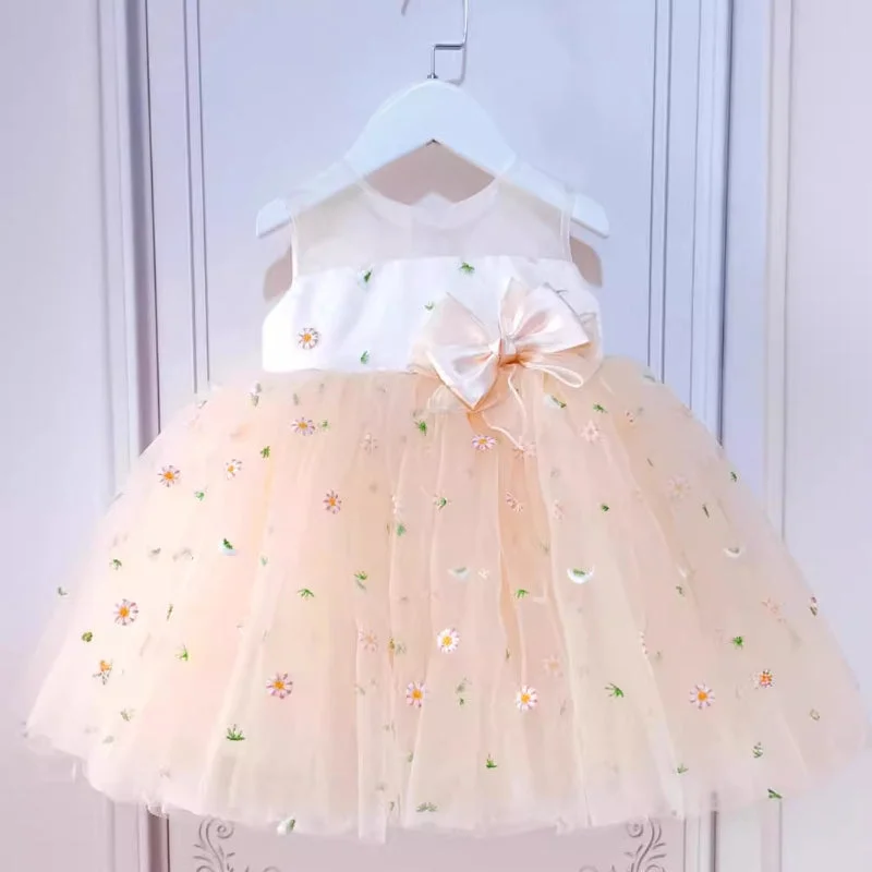 Cute Baby Embroidered Mesh Bow Princess Dress Toddler Flower Girl Dresses