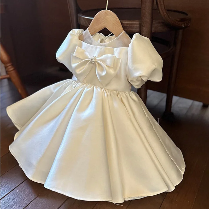 Toddler Communion Dress Satin Bow Princess Dress