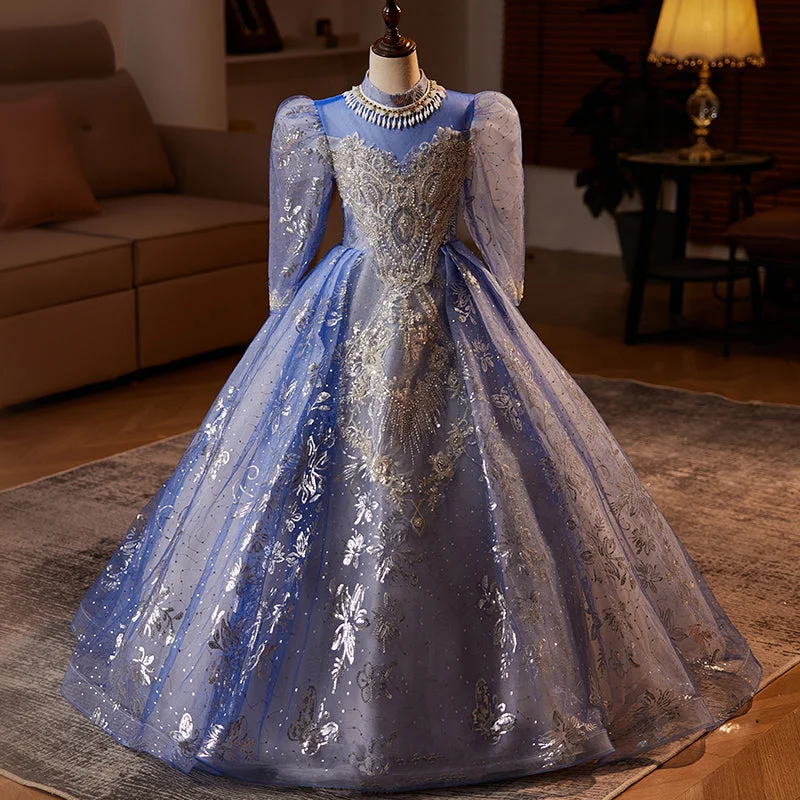 Elegant Baby Girls Blue Long Sleeve Embroidered Evening Dress ToddlerGirls Pageant Dresses