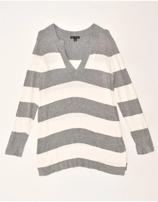 TOMMY HILFIGER Womens V-Neck Jumper Sweater UK 8 Small Grey Striped Cotton