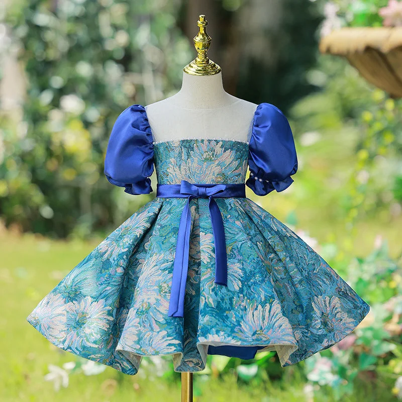 Cute Baby Girl Garden Oil Painting Style Puff Sleeve Princess Dress Toddler Evening Dress