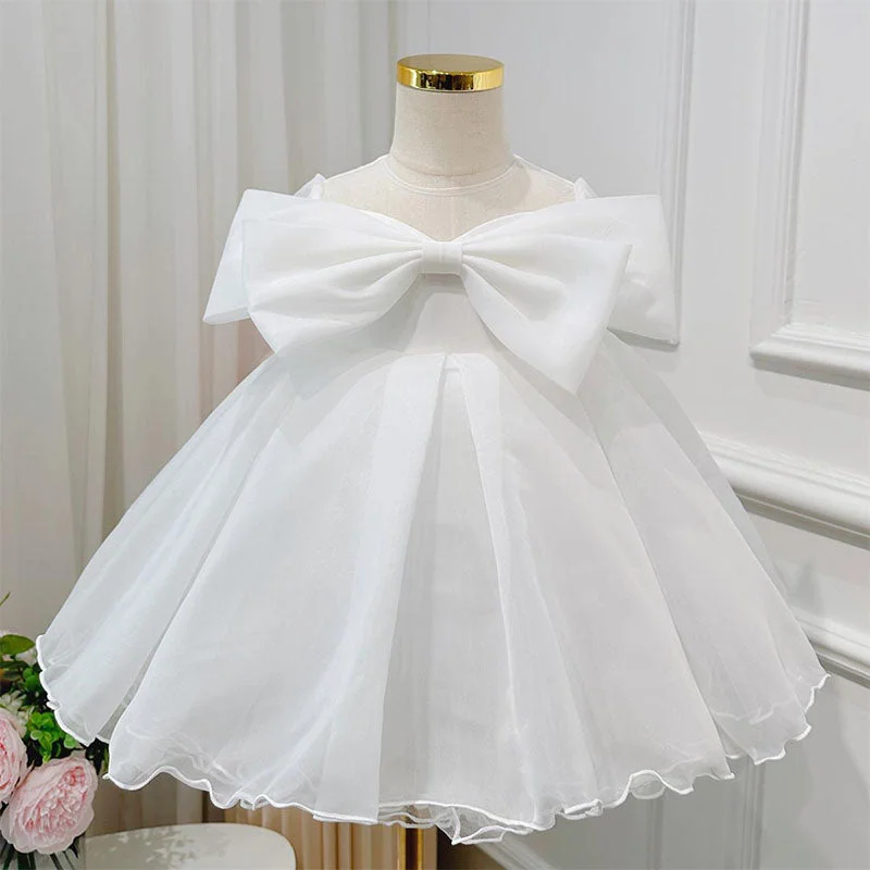 Elegant Baby Girls White Bow Mesh Princess Dress Toddler Ball Gowns