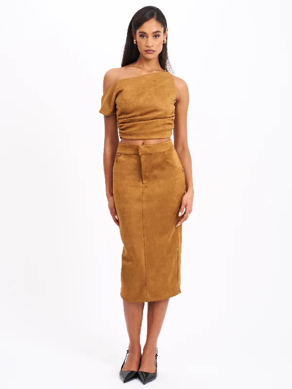 Zabrina Brown Suede Straight Pencil Skirt