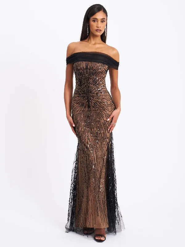 Qeturah Embroidered Sequin Off Shoulder Mesh Gown