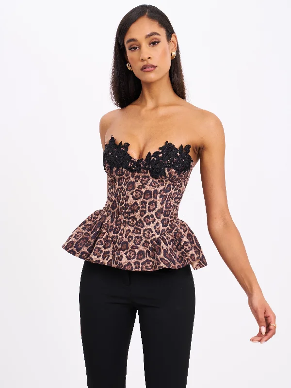 Qiara Cheetah Print Peplum Top with Lace Trim