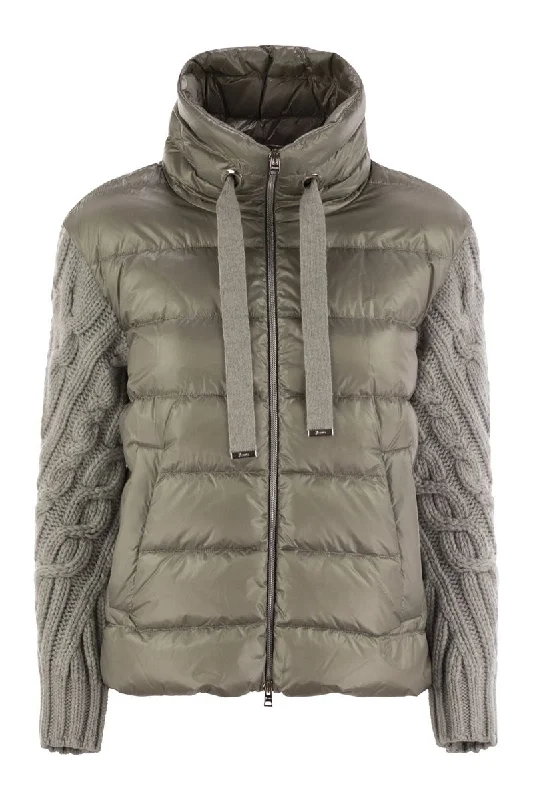 Pearl grey down jacket with wool sleeves